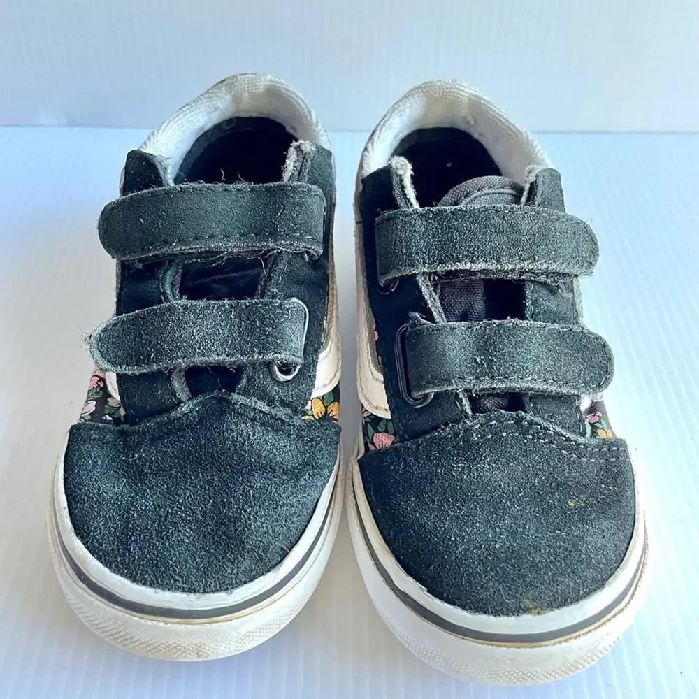 VANS Old Skool Floral Sneakers Toddler Size 1 Black Velcro Retro Skater Suede - Picture 4 of 9